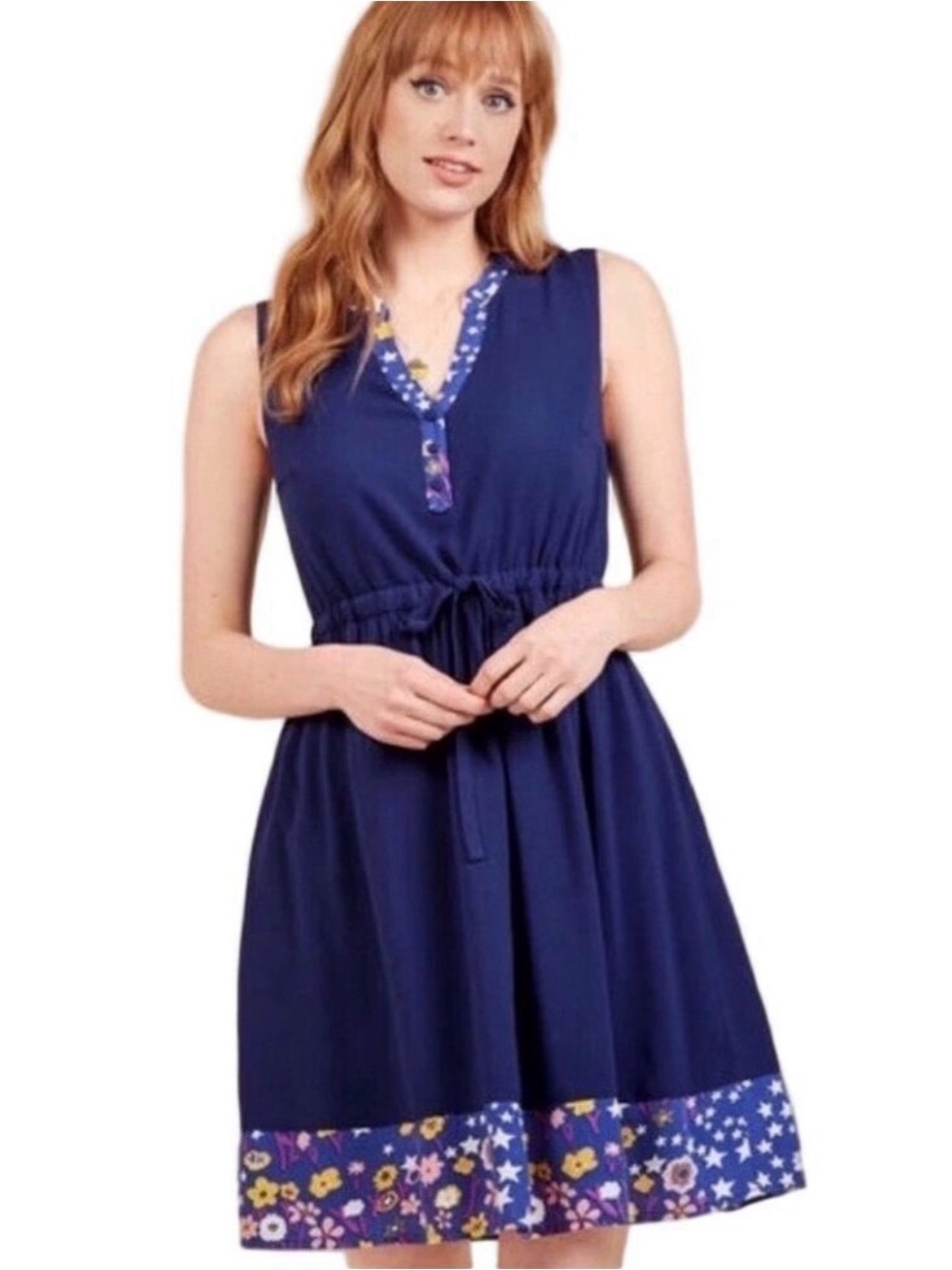 ModCloth navy dress Small floral trim drawstring waist pockets Pockets Summer